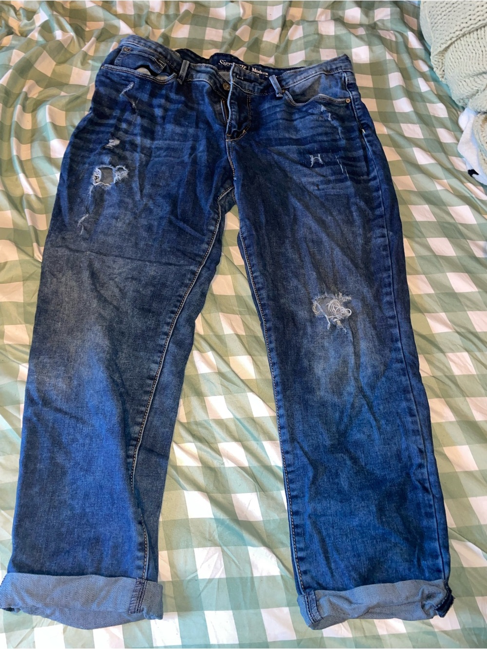 Signature Indigo Distressed Rolled Cuff Boyfriend Jeans